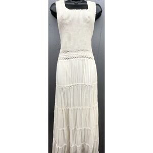 Cotton Crochet Maxi Dress XL Ivory Cream Boho Cottage Coastal Preppy Beachy